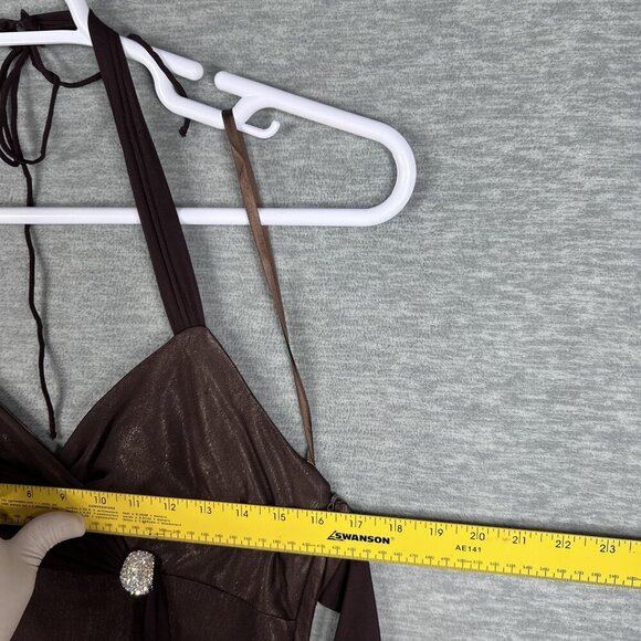 Cache Womens 8 Halter Backless Brown Gold Shimmer Evening Gown Rhinestone Accent - Picture 13 of 16